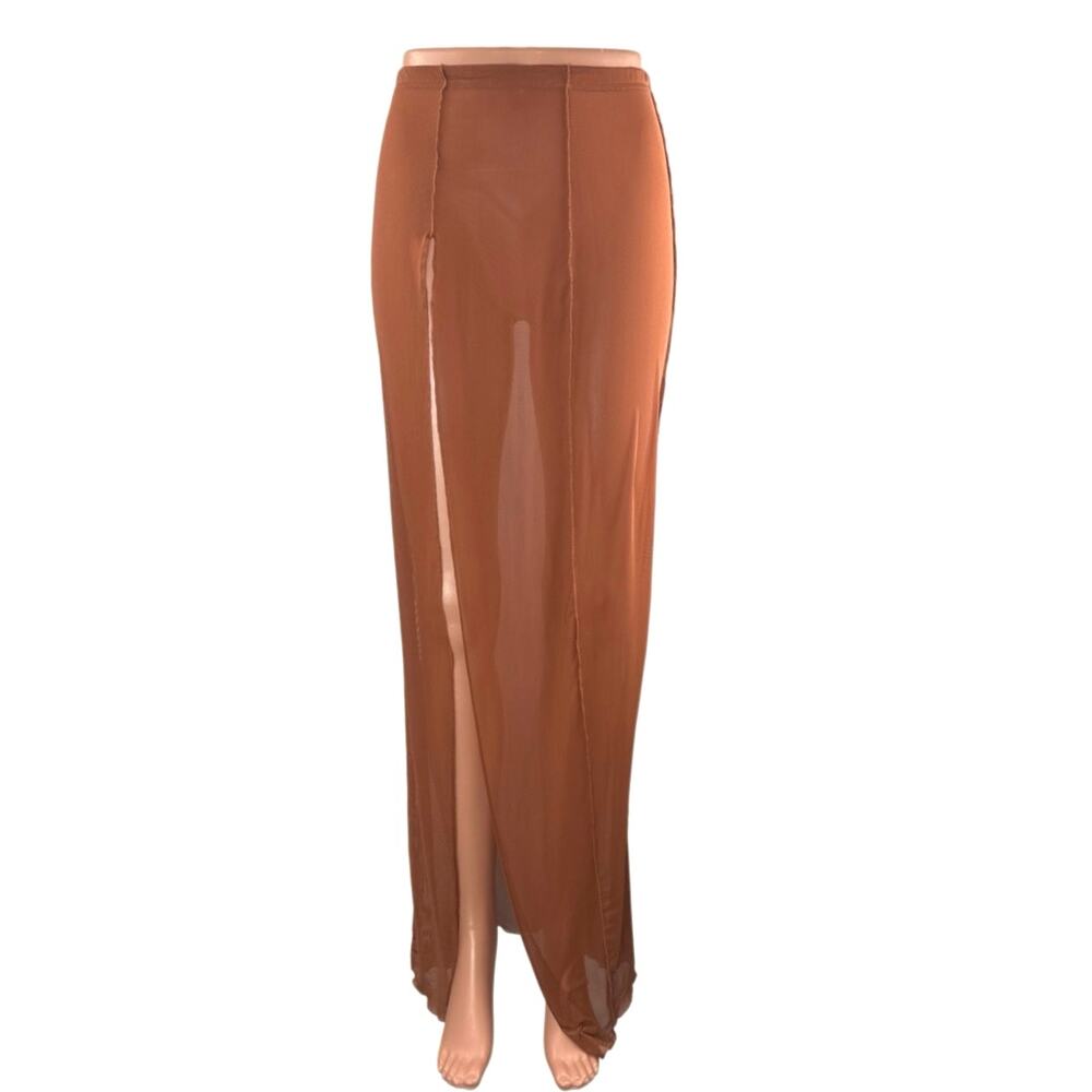 PrettyLittleThing Brown Sheer Mesh Patchwork High Slit Pencil Maxi Skirt Size 4